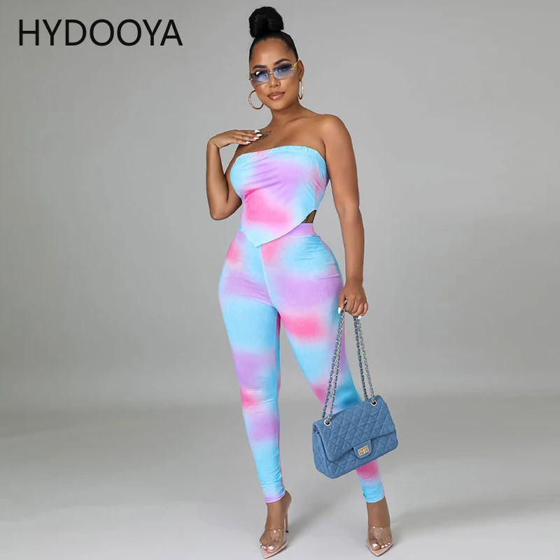 Casual Outfit Tie Dye Print Womens Clothes Matching Set Wrap Chest Backless Crop Top High Waist Pencil Legging Y2K Two Piece Set 1d oil shine close or open crotch non falling super high waist pantyhose bodystockings sheer to chest and sandal toe doyeah 0278