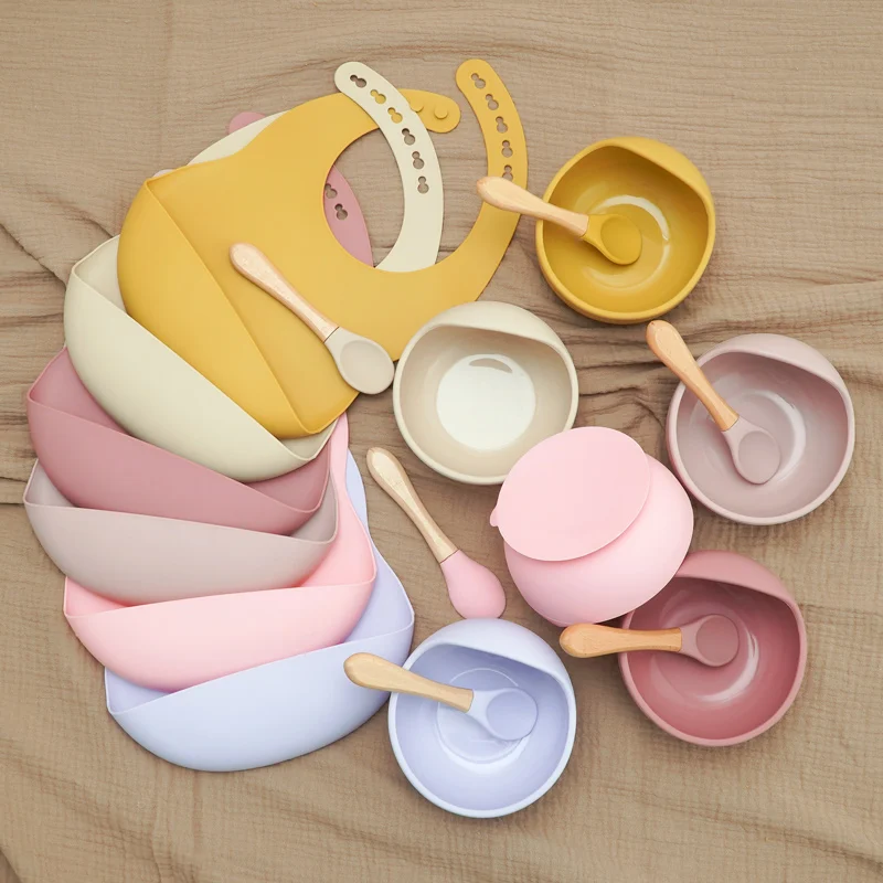 Children's Tableware Soild Food Training Waterproof Baby Bibs Infant Sucker Feeding Bowl And Wooden Handle Spoon Set Baby Stuff 4