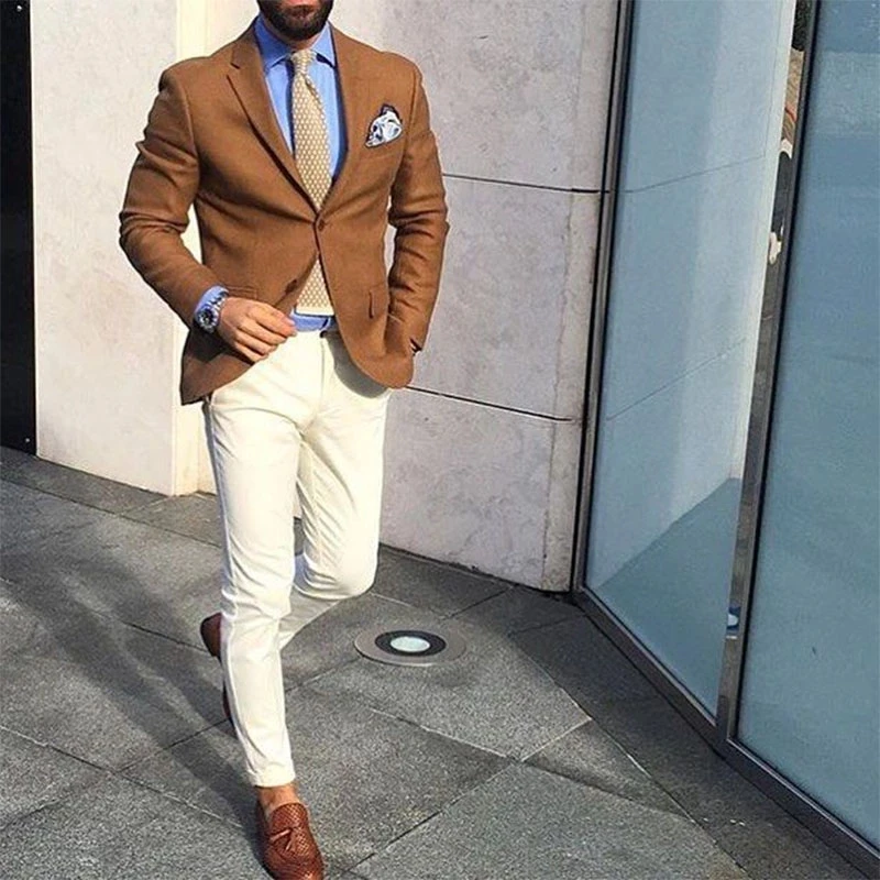 正規通販 茶色のジャケット2ピーススリムフィットメンズスーツアイボリーパンツテーラーメイドスキニーメンズスーツセット新郎のウェディングタキシードスーツのための男性 新着 Off Kingscages Com