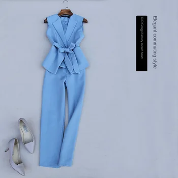 

Elegant Women Pant Suits Casual 2 Piece Set Waistcoat Vest and Pants with Belt Women's Jacket Blazer Female Office Lady Outfits