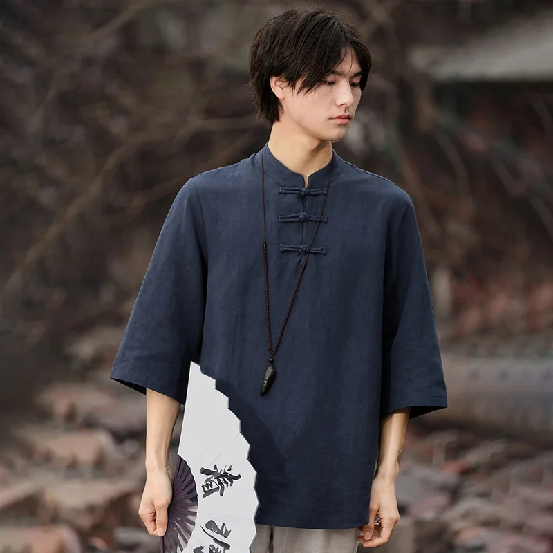 Chinese Style Zen Tea Tee Shirt Retro Cotton Linen Top Solid Color Linen T Shirts For Men Clothing Harajuku Linen T Shirt KK3797