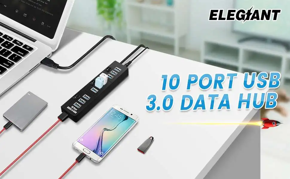 10 Порты и разъёмы 3,0 usb-хаб 5V 2A адаптер Зарядное устройство с переключателем внешнего Мульти USB разветвитель USB3.0 концентраторы для компьютера ПК ноутбук для мобильного телефона