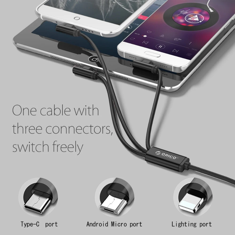 ORICO 90 градусов USB кабель 3 в 1 освещение тип-c Micro данных USB кабели для Xiaomi iPhone X 8 7 6 быстрая зарядка зарядное устройство провод шнур