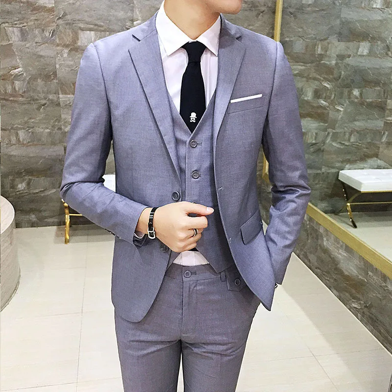 

Suit MEN'S Suit Korean-style Slim Fit Business Formal Wear Three-piece Set Solid Color Business Leisure Suit Marriage Groom Form