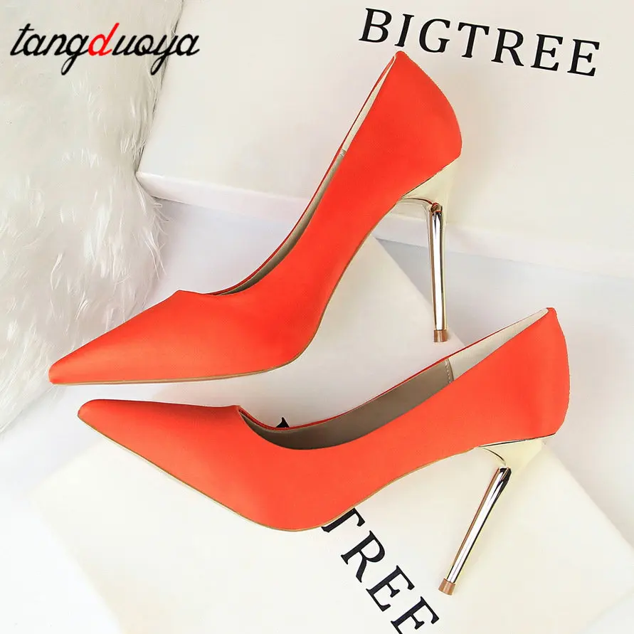 

Metal Heel Shoes Women Silk Thin High Pumps Satin Heeled Sexy Elegant High Heels Yellow 34 42 43 Pointed Fashion Ladies Shoes