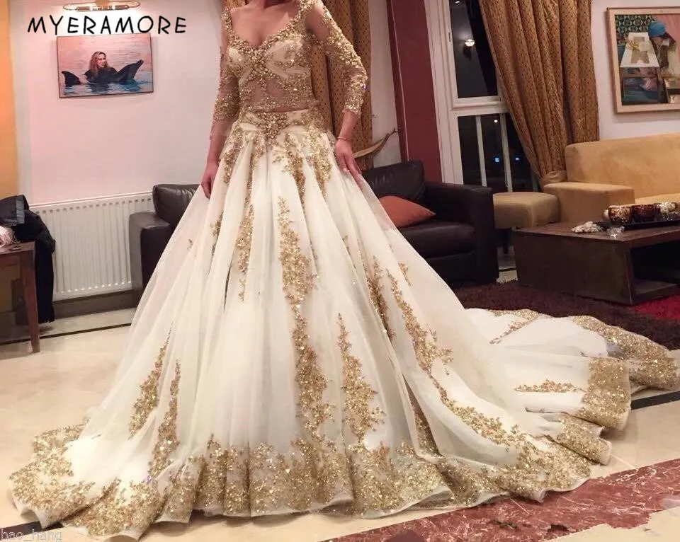 Роскошное Золотое свадебное платье арабское mariage кружевные бусы v-образный вырез 3/4 с длинными рукавами Часовня свадебное платье с длинным подолом vestido de noiva
