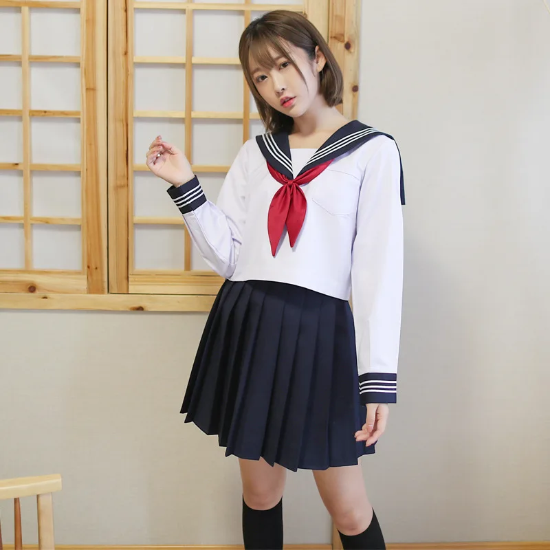 pronunciación mantener escucho música White Three Lines Japanese School Uniform College High School Girls Student  Uniforms Sailor Suit White Tops Pleated Skirt| | - AliExpress