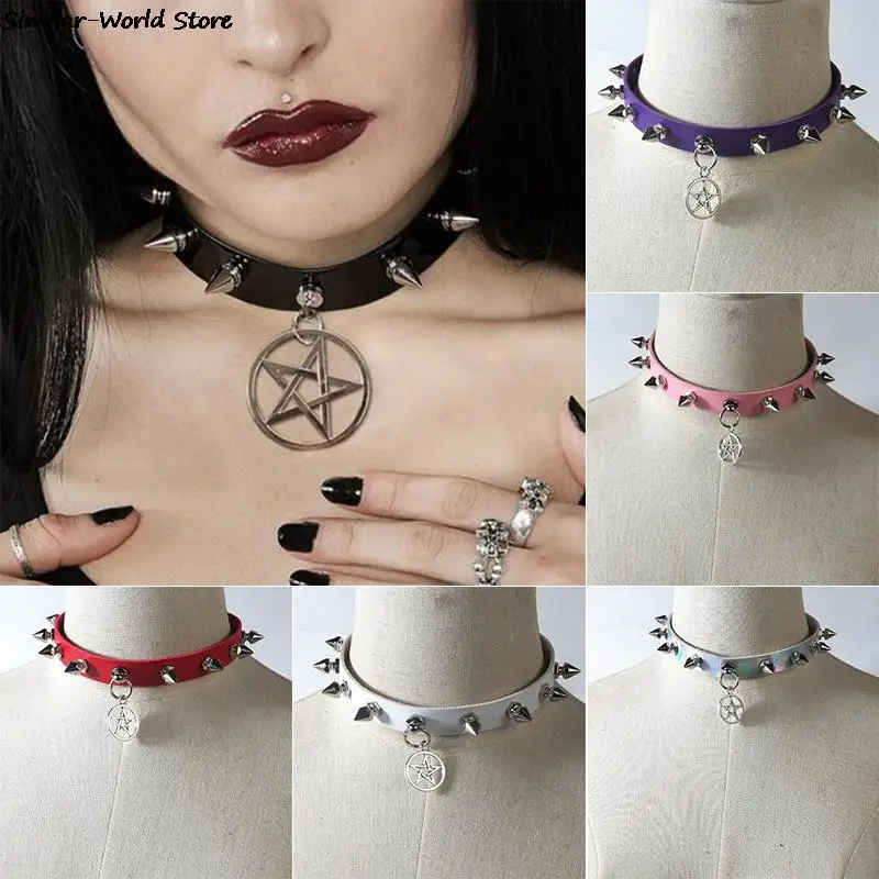 Gothic O-Round Spike Choker Collar Women Harness Choker Necklace metal choker necklace velvet choker necklaces For Women Punk Leather Chocker Necklaces Gothic Jewelry