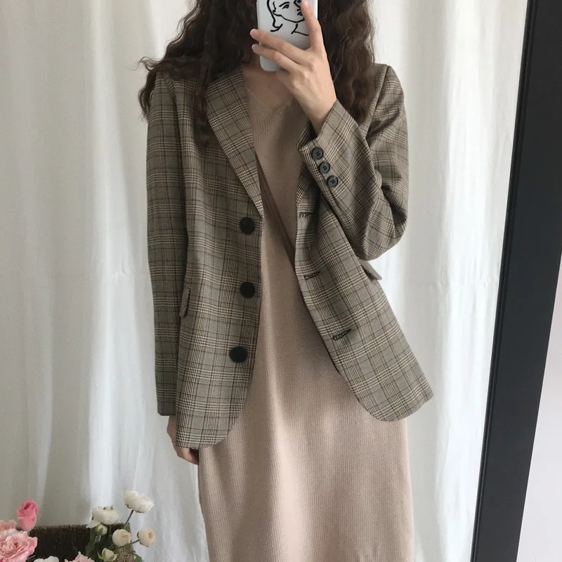 

Photo Shoot 2019 Quality Inspection Spring Clothing Korean-style England College Style Thousands of Birds Long Sleeve Small Suit