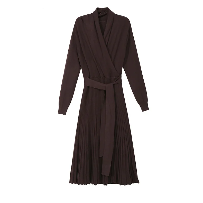 [EAM] женское черное Плиссированное Бандажное платье с разрезом, новинка, v-образный вырез, длинный рукав, свободный крой, модный стиль, весна-осень, 1D999