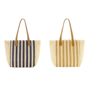 

2x New Paper Rope Striped Straw Bag Fashion Large Capacity Woven Bag Single Room Casual Beach Handbag Light Brown & Blue
