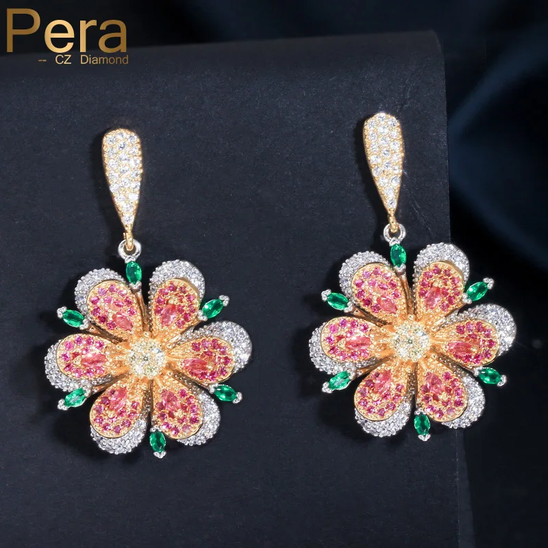 Tanie Pera geometryczne duże wiszące kwiaty biżuteria srebro 925 Rose Red i Emerald Green Crystal długi spadek kolczyk dla kobiet E099