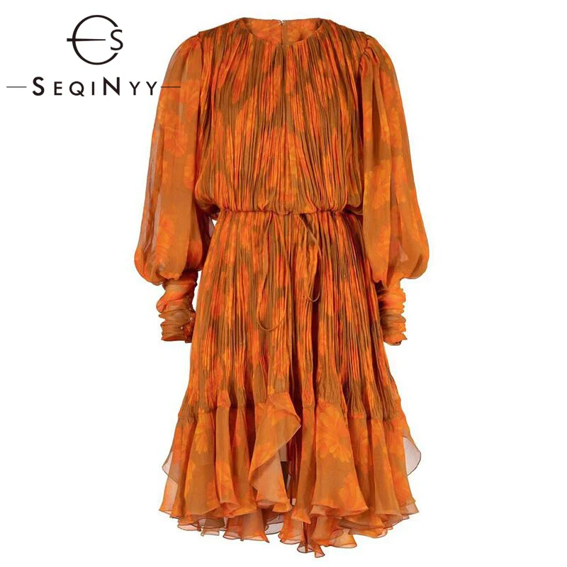 

SEQINYY Orange Dress 2020 Summer Spring New Fashion Design High Quality Long Lantern Sleeve Flowers Printed Pleat Loose Dress