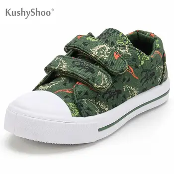 KushyShoo-Zapatos con estampado de dinosaurio para niños y niñas, zapatillas deportivas de lona con doble gancho y bucle, dibujos animados 1