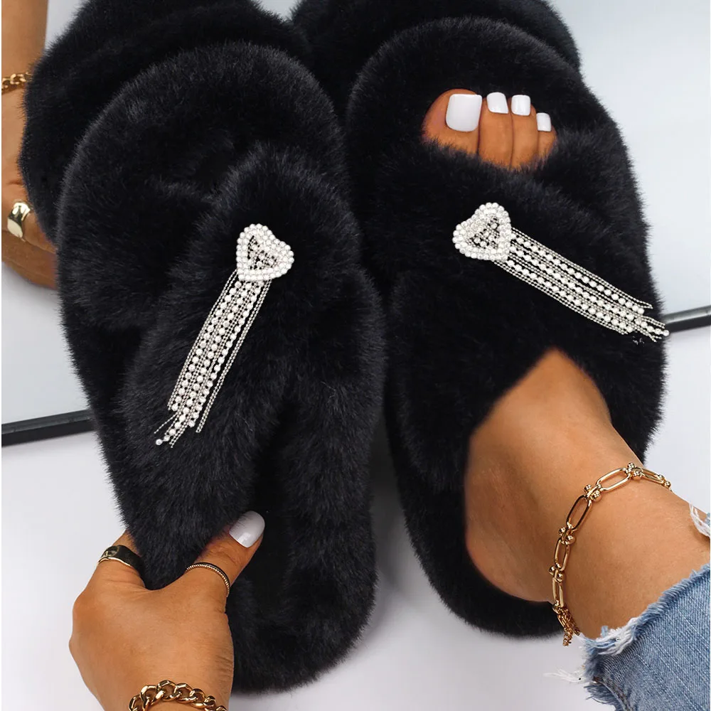 Women Sandals Female Furry Slippers Faux Fur Slides Full Diamond Love Knot Tassel Designer Slippers Ladies Fluffy Brand Shoes