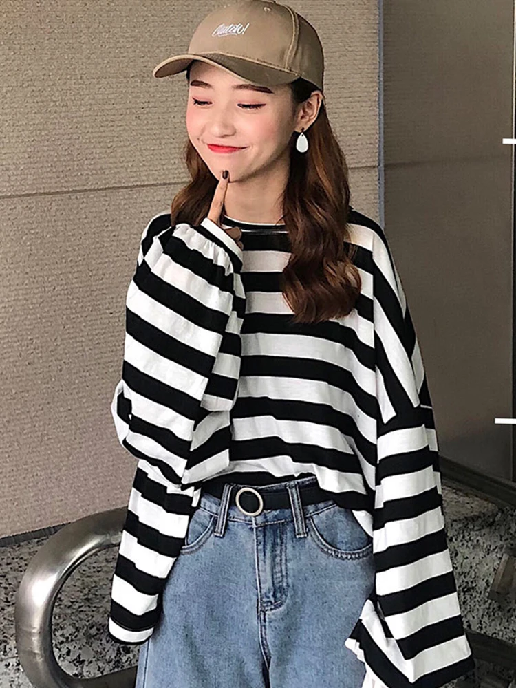 Harajuku топы mujer осень странные вещи Эстетическая корейская мода уличная полосатая футболка с длинными рукавами негабаритных друзей