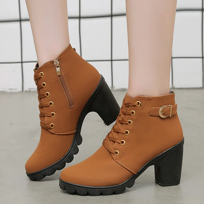 Rimocy Ladies 8cm High Heels Leather Ankle Boots for Women 2019 Autumn Winter Buckle Square Heeled Platform Botas Shoes Woman |