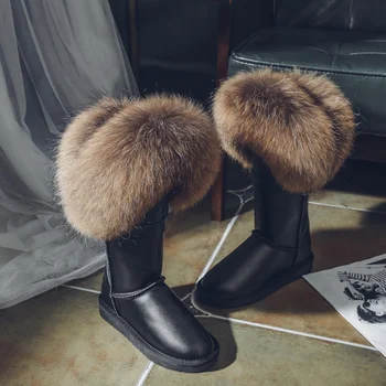 

Fox Fur Snow Boots Genuine Cow Suede Leather Boots Shoes Women Mid-calf Knee-high Boots Real Raccoon Fur Warm Flat Winter Boots