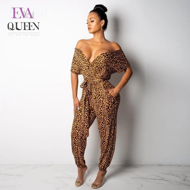 Женский комбинезон с поясом EvaQueen леопардовым принтом и запахом Осенний