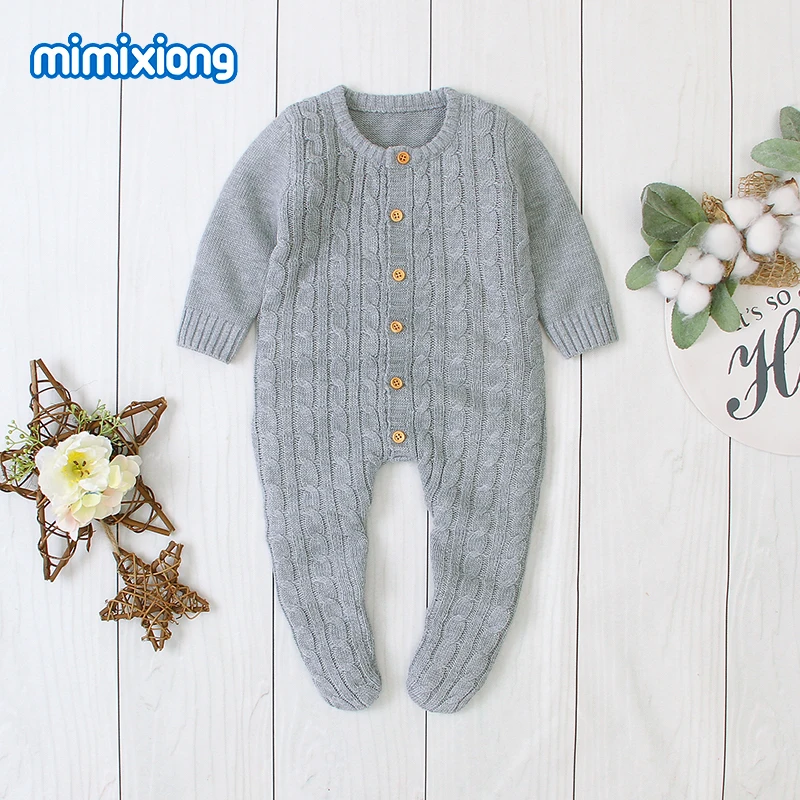 Детские вязаные комбинезоны однотонные с длинными рукавами для новорожденных