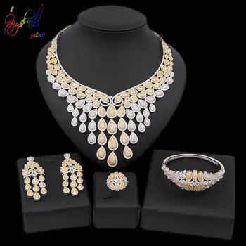 

Yulaili 2019 Latest Luxury Cubic Zirconia Bridal Jewelry Sets Two Tones Water Drop Big Necklace Earrings Bracelet Ring for Women