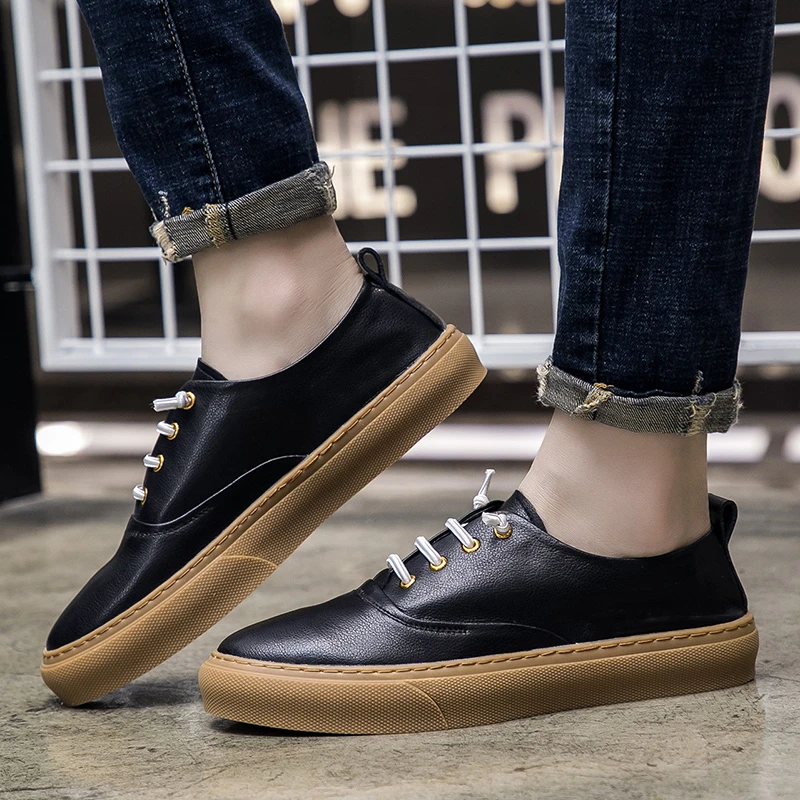 Zapatos informales de cuero para hombre, zapatillas planas cómodas de a la moda, con cordones, color y negro, para informales de hombre| AliExpress