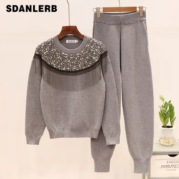 

2019 Autumn New Women's Knit Sets Diamond Tassel Long Sleeve Pull Sweater + Casual Loose Pants Fashion Two Pieces Suit Students