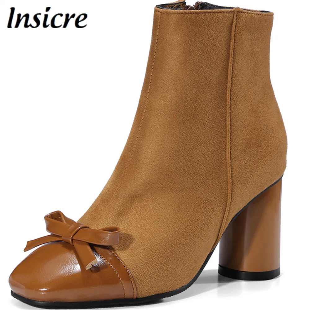 

Insicre women Ankle Boots Square Toe Round high Heels Autumn Fashion Shoes woman PU leather zipper Butterfly-knot size 33-48