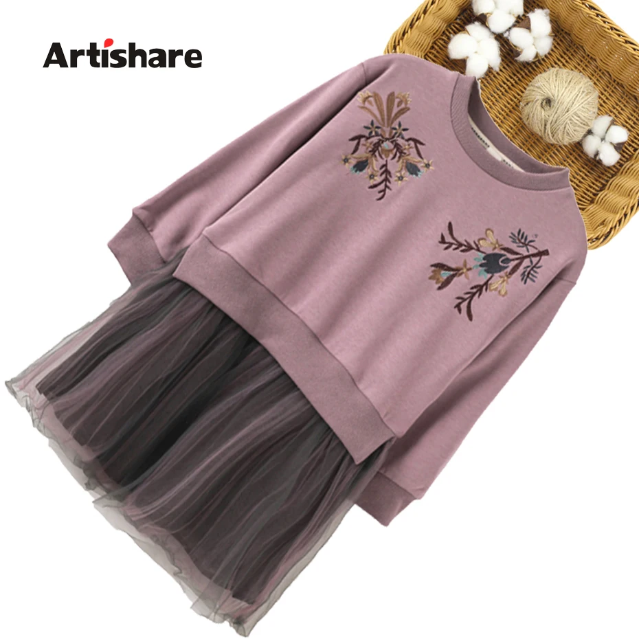 Girl Dresses Flower Embroidery Party Dress Patchwork Children Mesh Teenage Children's Costumes For Girls | Детская одежда и
