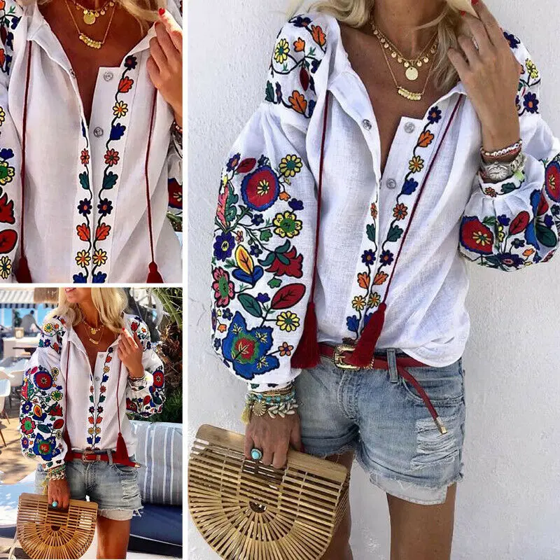 New Women White Floral Ethnic style Embroidered Blouse And Tops Long Sleeve Turn Down Collar Elegant Shirt blusas mujer de moda