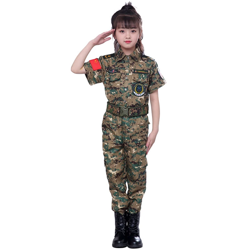 Color 1 no belt Детская военная форма для мальчиков и девочек, спецназ, тактическая Маскировка джунглей, армейский костюм для улицы, страйкбол, пустыня, камуфляж, Детский костюм - Цвет: Color 1 no belt