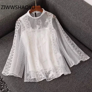 

ZIWWSHAOYU Fashion Female Summer Floral Embroidery Mesh Tops Ladies Flare Sleeve Hollow Out Solid Vintage Tops
