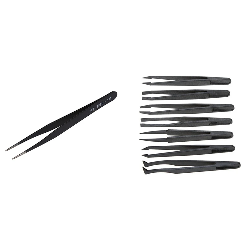 1x Black Metal Straight Sharp Tip Tweezer &amp 7Pcs Plastic Antistatic Flat Bottomed Top End Tweezers Hand Tools Set | Инструменты