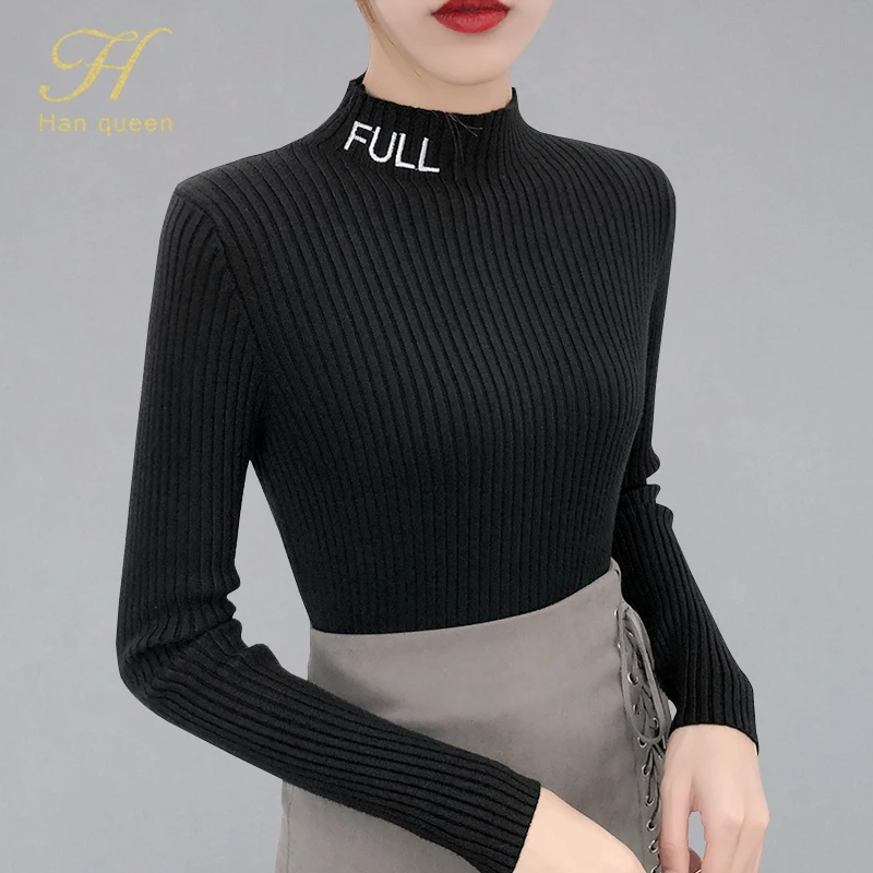 

H han queen 2019 Autumn New Korean Elasticity Half Turtleneck Sweaters Women Long Sleeve Letter Embroidery knitted Sweater woman