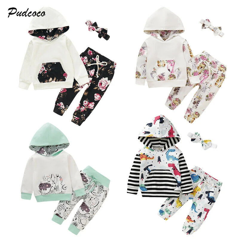 Коллекция года, брендовый комплект из 3 предметов для маленьких мальчиков и девочек, топ с капюшоном и длинными рукавами и цветочным принтом и Рисунком Слона+ штаны, комплект одежды, Повседневная Осенняя Новинка