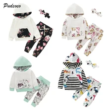 Коллекция года, брендовый комплект из 3 предметов для маленьких мальчиков и девочек, топ с капюшоном и длинными рукавами и цветочным принтом и Рисунком Слона+ штаны, комплект одежды, Повседневная Осенняя Новинка