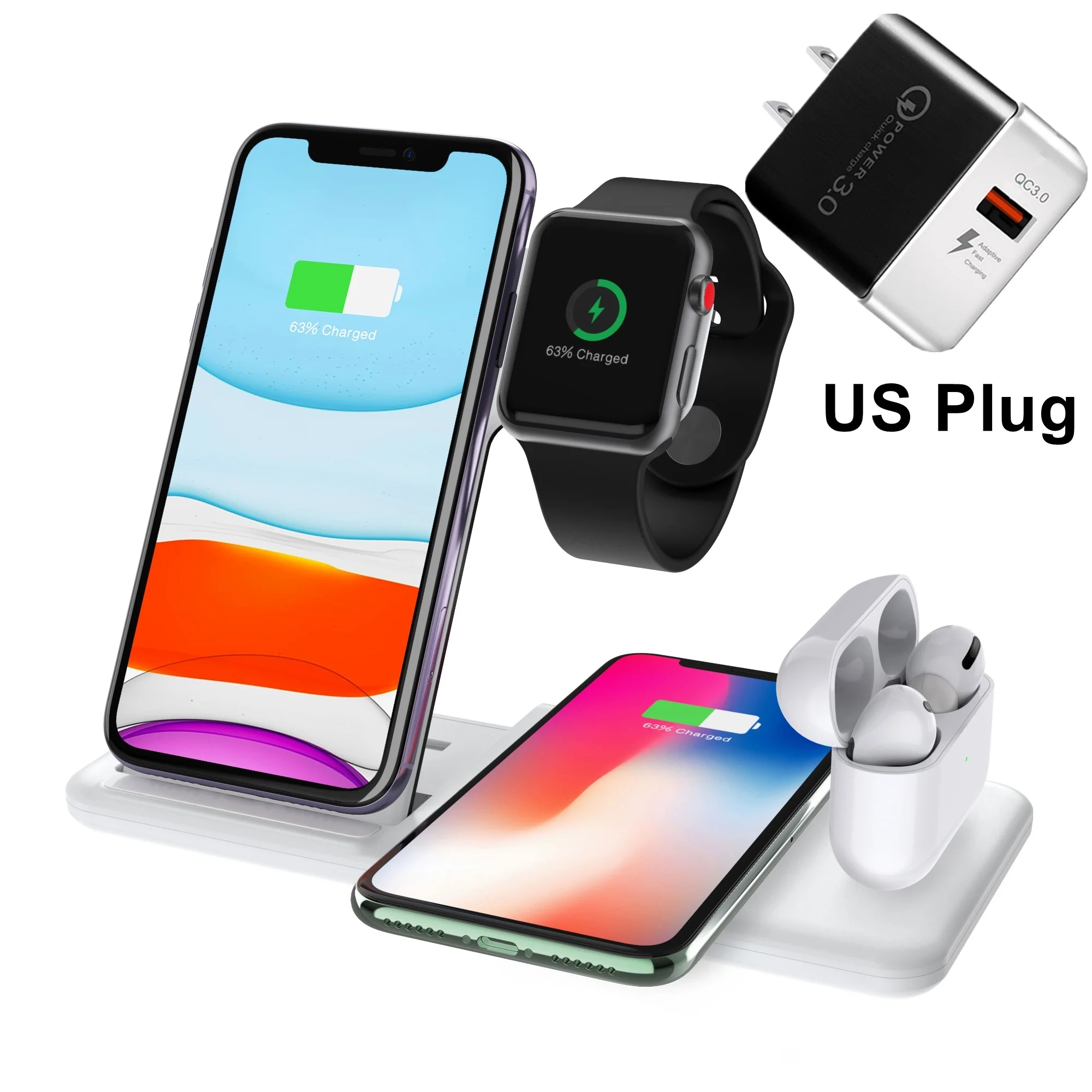 Tongdaytech 4 в 1 Быстрое беспроводное зарядное устройство Qi для Iphone XR XS 11 Pro Max Беспроводная зарядка для Apple Airpods Pro Watch 5 4 3 2 1 - Тип штекера: White With US Plug