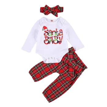 通販 0-24m新生児女セット長袖プリント手紙ロンパーストップチェック柄パンツヘッドバンド3本セットのためのベビー