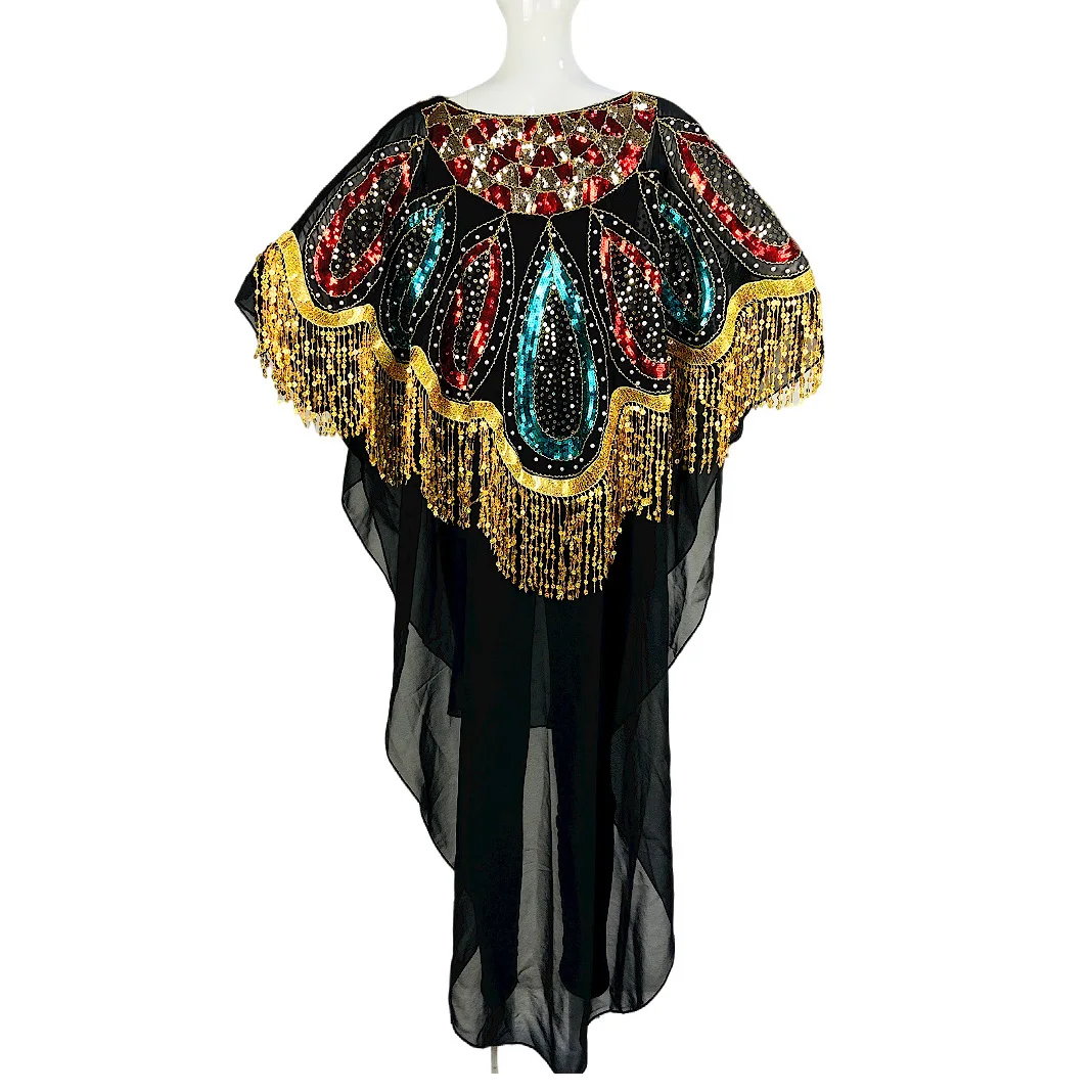 Women's Fashion Classic Design African Clothes Dashiki Abaya Chiffon Sequin Tassel Batwing Loose Versatile Dresses Free Size african culture clothing