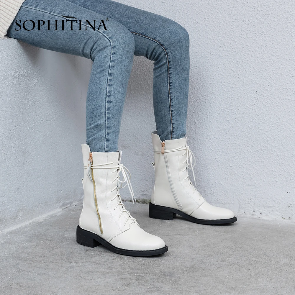 SOPHITINA/однотонные ботинки на шнуровке; удобная обувь ручной работы с круглым носком на молнии и квадратном каблуке; Новинка; короткие плюшевые модные ботильоны; MO307