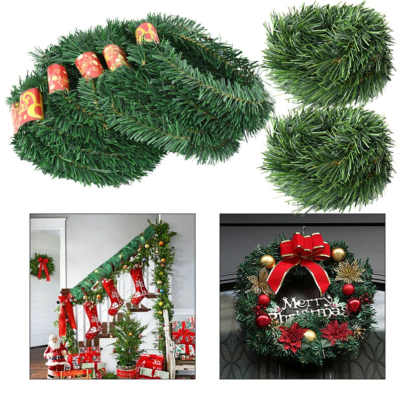 

5.2/5.5M Christmas Green Grass Wreath Pine Needle Straw Strips Ribbon Christmas Decoration Home Stairway Table Ornament Garland