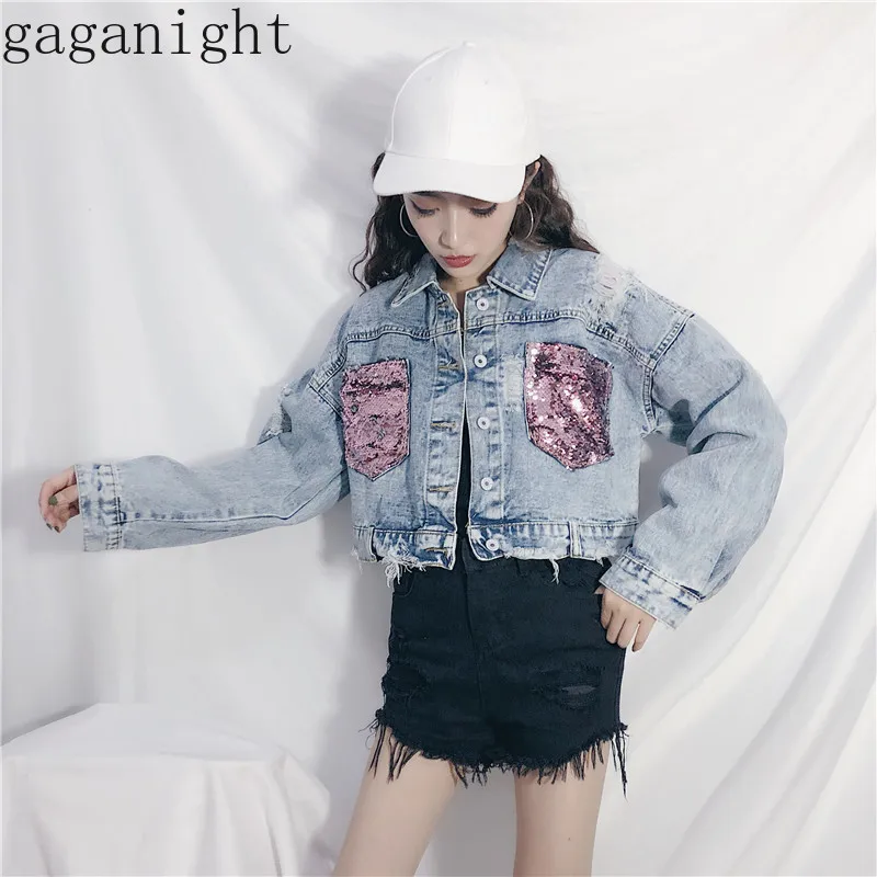 

Gaganight Spring Autumn Sequins Women Jeans Jacket Frayed Hole Vintage Denim Jacket Female Streetwear Loose Casual Short Coat