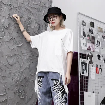 

2020 Summer Women Short Sleeve Before Short and After Long Loose T Shirt Female Hip Hop Streetwear Black White Casual Tshirt