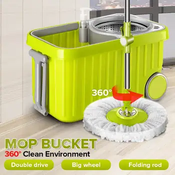 

360° Spin Mop with Bucket Rod 2 Fiber Heads Set Easy Wring Cleaning System Washable Stainless Steel Spin Dry Mop Floor Clean