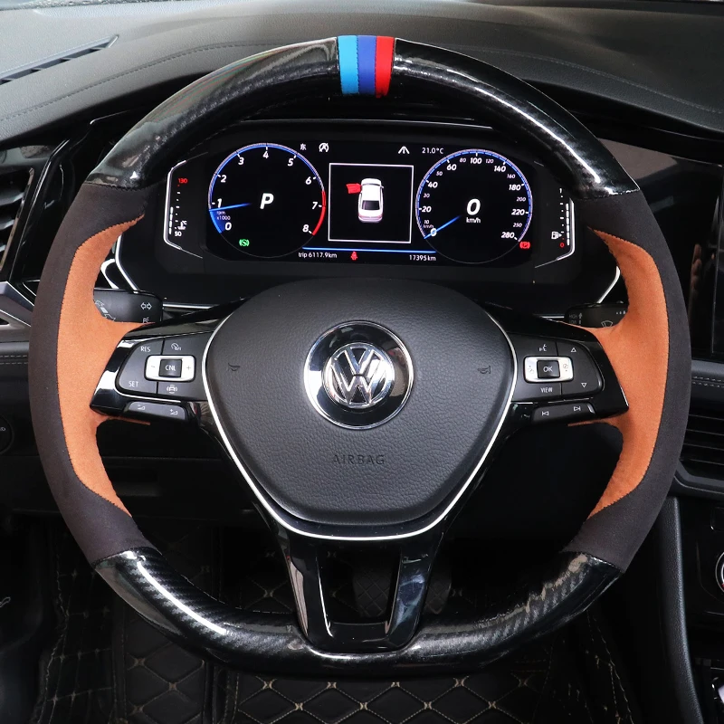 

Carbon Fiber Suede Leather Hand Sewn Car Steering Wheel Cover Customize Slim For Volkswagen Passat POLO Magotan Tiguan Teramont