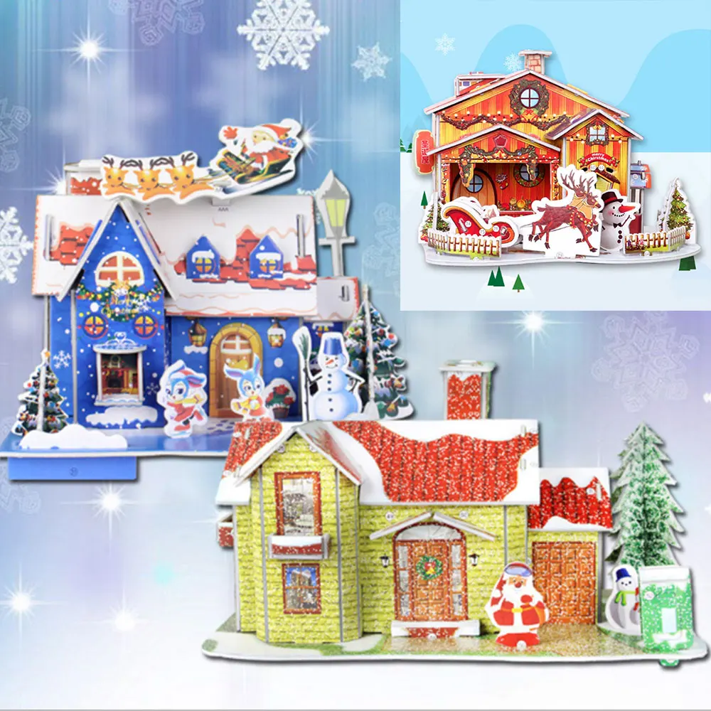 

Toy Xmas DIY Christmas House Model Cute 3 Color Decoration New Year Assembly 2018 Mini Gifts Home 27*15*15cm