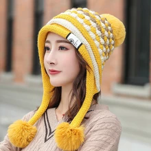 Высокое качество вязаные шапочки шерстяные меховая вязаная шапка Для женщин помпонами Skullies шапки бини шапки теплая дутая куртка с флисовой подкладкой зимняя шапка с наушниками Кепки