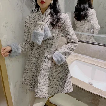 

Retro Tweed Jacket Dress Female 2020 Fall Winter Warm Ladies Office Temperament Zipper Patchwork Chic Mini Dress with Scarf