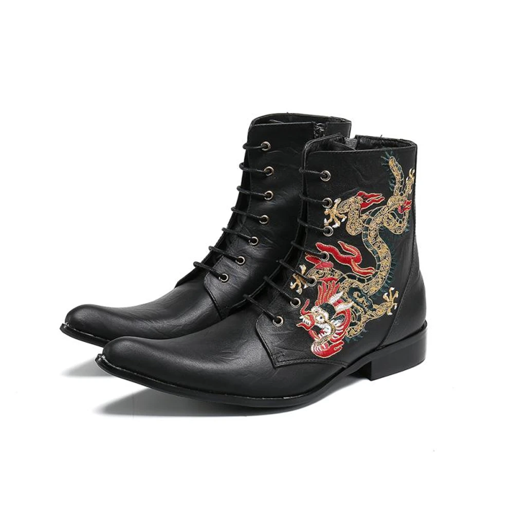 Men Genuine Leather Ankle Boots Luxury Embroidery Serpentine Pointed Toe Designer Botas for Man Zipper Short Chelsea Boots