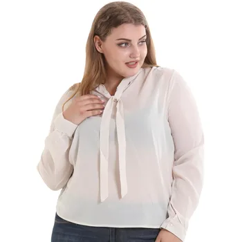 

Plus Size Women Chiffon Blouse Fashion Lace Up Solid Color Ladies Long Sleeve Blouse Shirt 4XL White Casual Tops